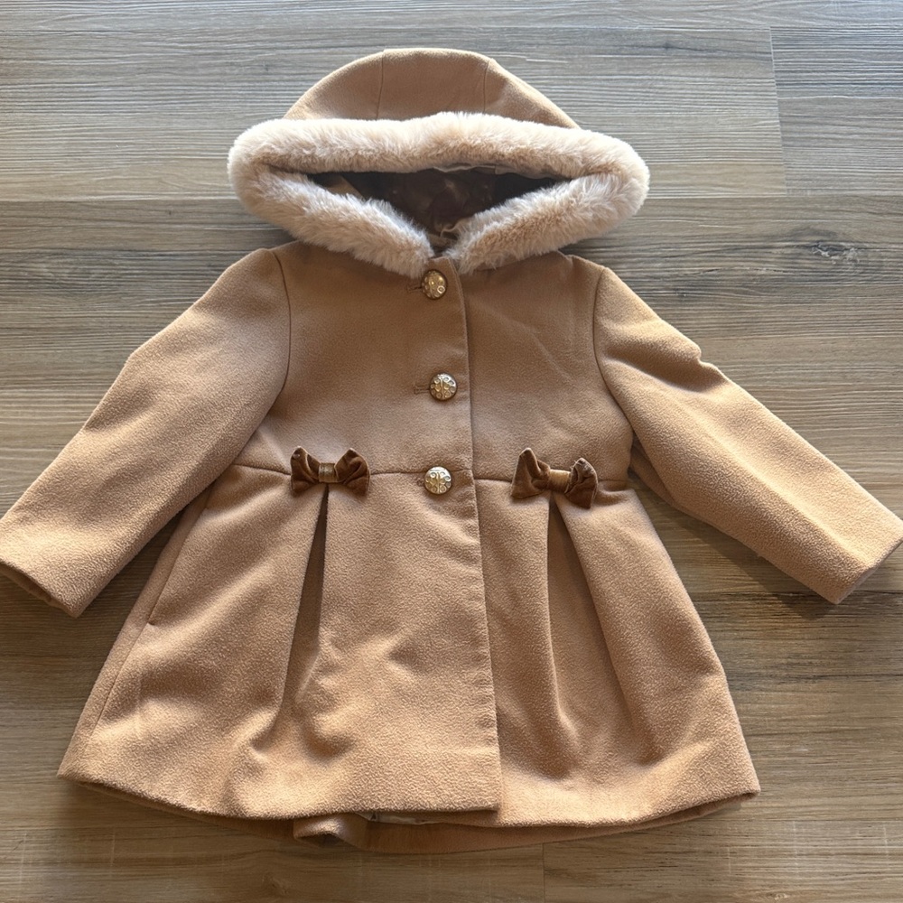 Monsoon Tan Coat with Faux Fur Hood and Bow Accents
